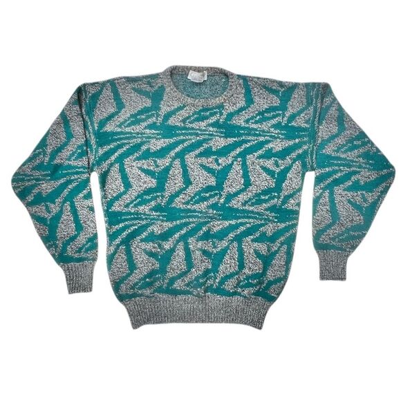 Vintage 90’s Collectif Italy Street Knit Sweater Teal Gray Abstract Size L - Picture 1 of 10